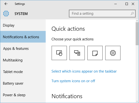 quick actions settings