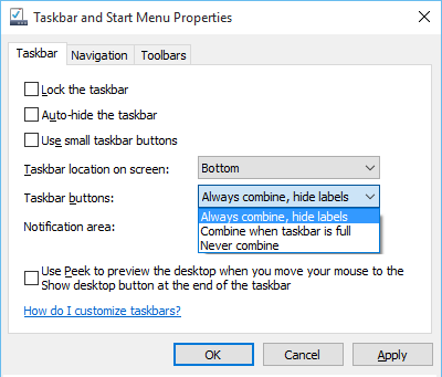 combine taskbar buttons or hide labels