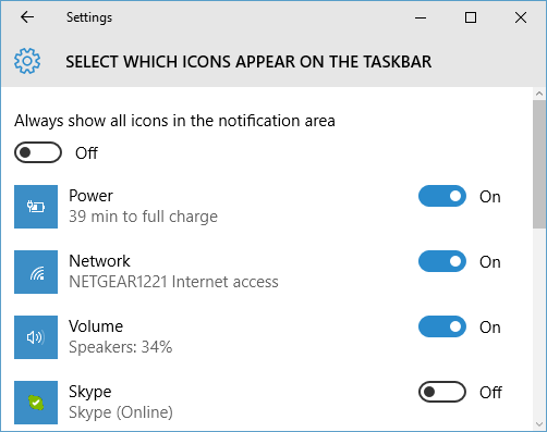 select which icons appear on the taskbar