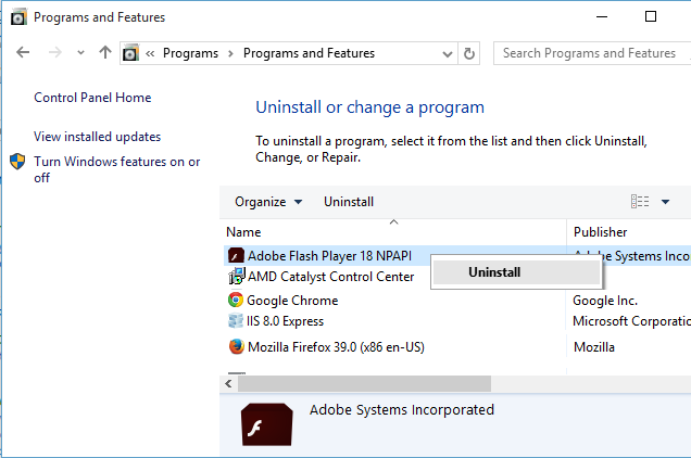 Uninstall Adobe Flash Player