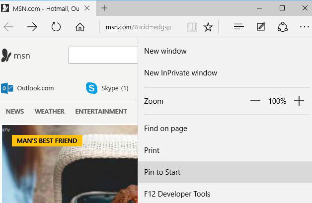 click on pin to start option to pin website or webpage to start menu