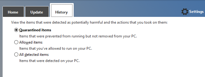 history tab in Windows Defender